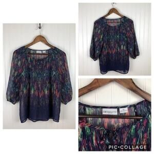 Liz Claiborne Women's Abstract Quarter‎ Sleeve Tie Open Neck Sheer Lined Blouse